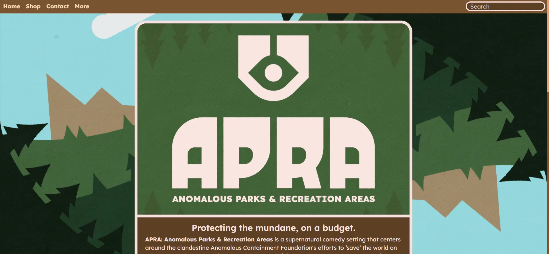 Screenshot of the APRA website. The page is styled to look like a US national park sign, with a thick cream border, rounded corners, white text, and a brown background. The background depicts a stylized forest.